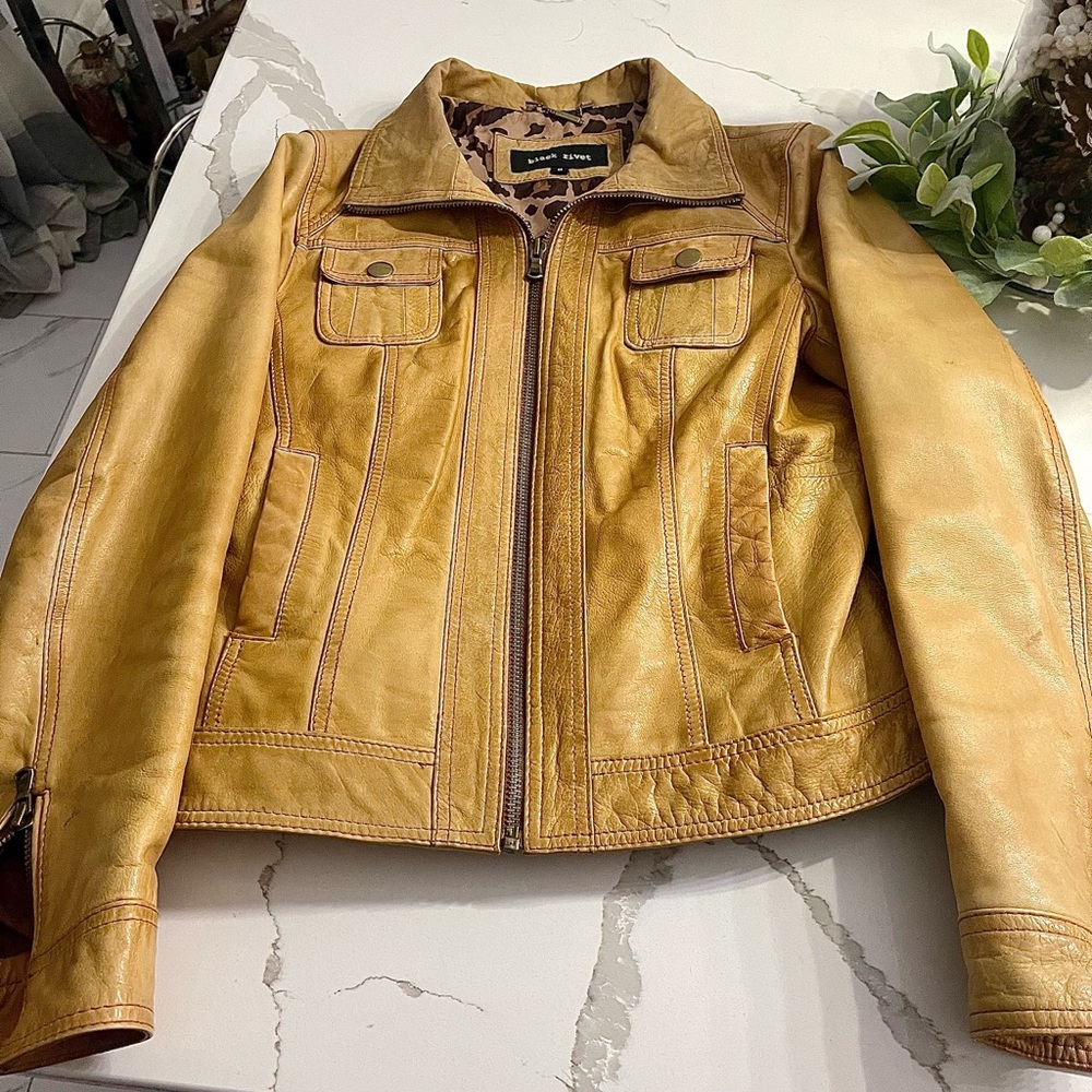 Black Rivet Camel leather jacket size 6 from Wilson’s Leather